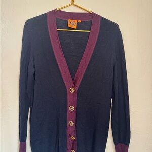 Tory Burch Navy Cardigan with Purple Trim